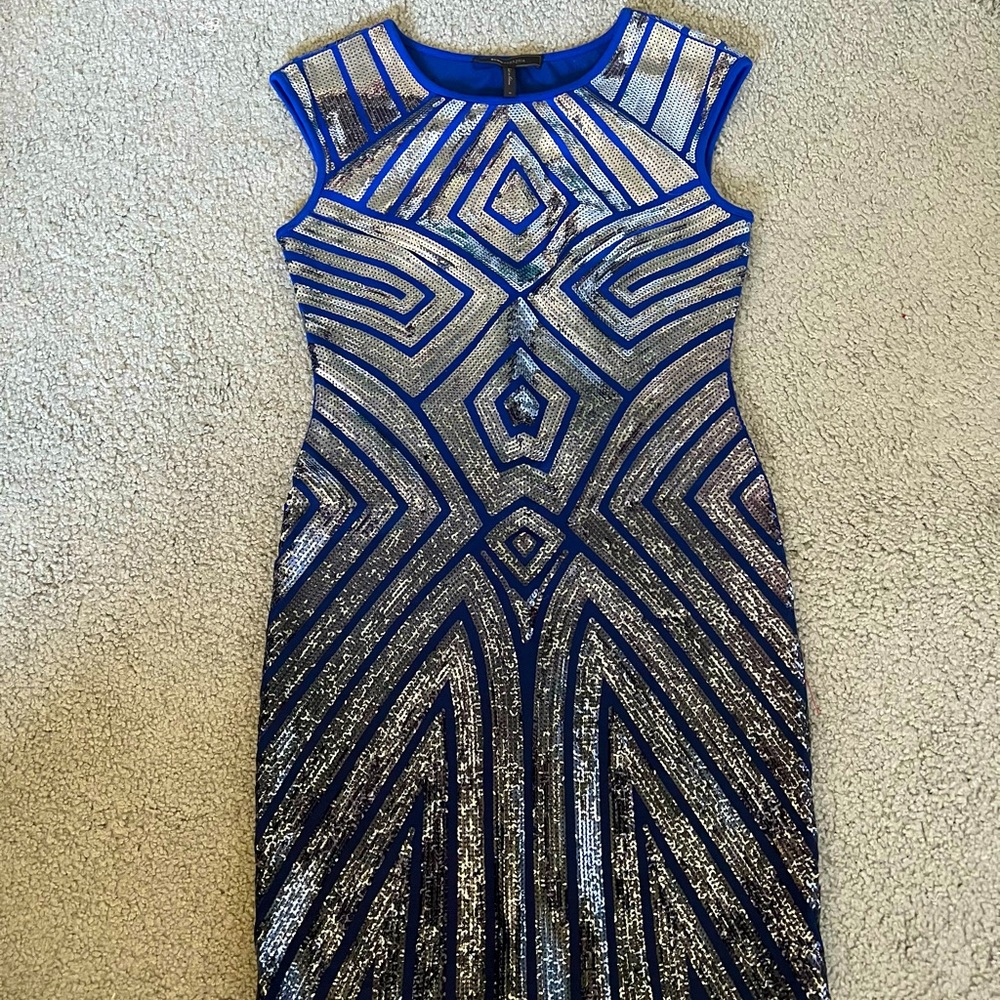 Elegant Blue and Silver Geometric Sequin Dress
